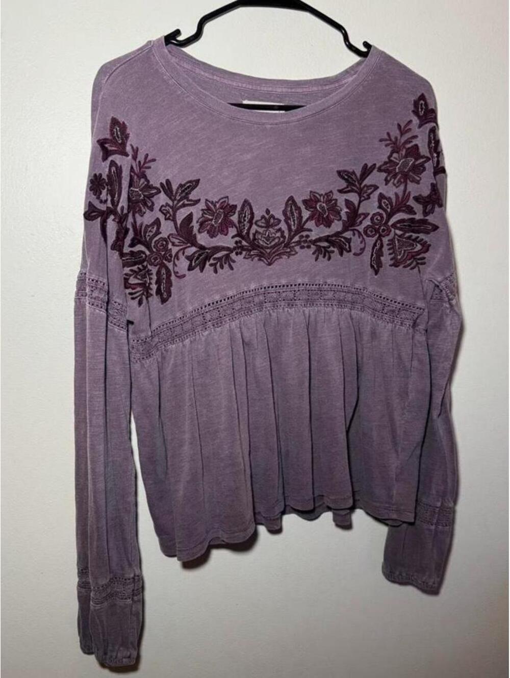 Lucky Brand purple long sleeve top with dark purple floral embroidery across
